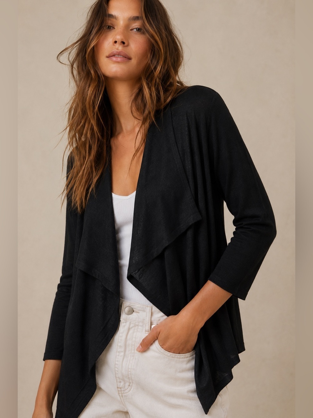 Worthington Black Waterfall Open Cardigan Lightweight Asymmetric 3/4 Sleeve